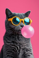 Obraz premium Portrait of russian blue cat blowing bubble gum, wearing yellow neon goggles.