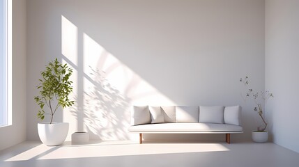 A pristine white wall bathed in soft morning sunlight, devoid of any furniture or distractions.