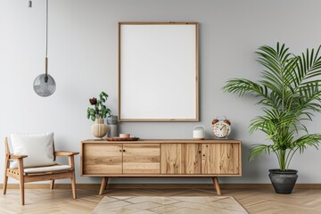 Modern living room interior with sideboard and art decoration - obrazy, fototapety, plakaty