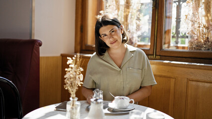 Young beautiful hispanic woman smiling happy sitting on the table at cafeteria