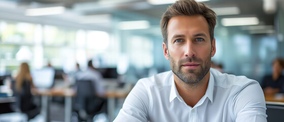 Obraz premium Confident Businessman in Modern Office Environment: The Embodiment of Professionalism and Leadership