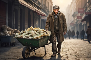 Elderly man with a sad face next to a wheelbarrow full of money on a city street. Hyperinflation concept.