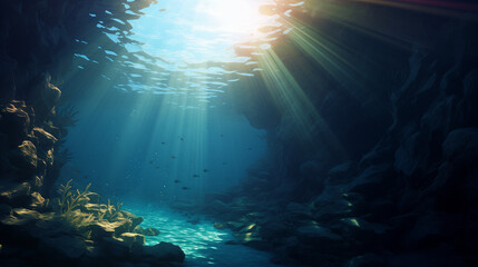 Fototapeta premium Sun Light into the Underwater Cave, Ai generated image