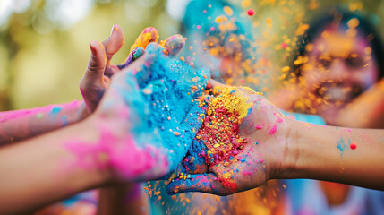 A close-up of friends playfully throwing handfuls of colorful powders at each other during Holi, their laughter and the vibrant hues creating a dynamic and captivating scene of sha - obrazy, fototapety, plakaty