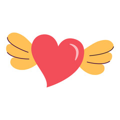 Cute Heart with wings pop art. Simple Hand Drawn. Retro style. Flat icon vector illustration. Perfect For Poster, Card, Invitation, Tshirt Print or Valentines Day Greeting Card.