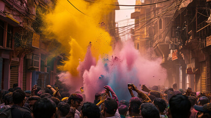Amidst the hustle and bustle of a crowded street, participants in Holi festivities joyously fling bright gulal powder into the air, creating a cloud of colors that engulfs the cele - obrazy, fototapety, plakaty