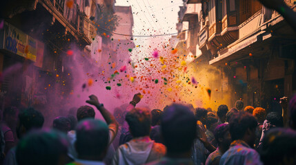 Amidst the hustle and bustle of a crowded street, participants in Holi festivities joyously fling bright gulal powder into the air, creating a cloud of colors that engulfs the cele