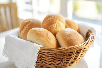 A Basket of Bread Rolls on a White Kitchen Counter  - obrazy, fototapety, plakaty