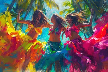 Three women dancing in a tropical setting Generative AI