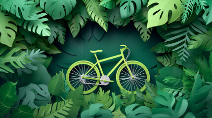 paper cut World Bicycle Day 3 June with green bike within plant leaves. Can be use for poster, banner, background, and wallpaper, Valentine Day, Generative Ai