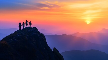 Helping friends reach the mountain top,Hot season hiking trekking group of people. - obrazy, fototapety, plakaty