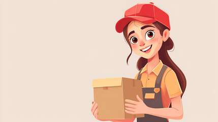 vector illustration of Delivery courier service. Delivery girl in red cap and uniform holding a cardboard box on isolated background. Smiling girl postal delivery girl delivering a package. Labor Day,