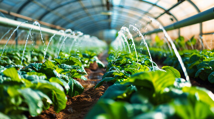 Organic greenhouse farming: A view of a greenhouse with rows of plants, illustrating organic agricultural practices