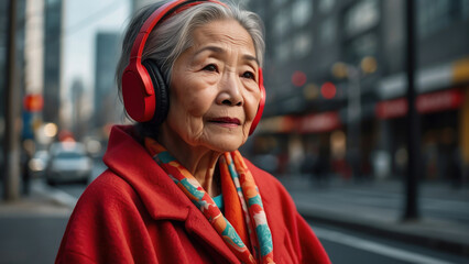 Portrait Asian old grandmother wearing headphones made bright fashion colors. against the backdrop...