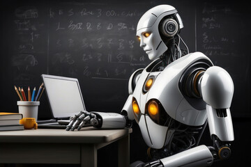 robot student, on the background of a blackboard. the robot is studying at school. the concept of training and technological knowledge. Humanoid robot with artificial intelligence