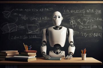 robot student, on the background of a blackboard. the robot is studying at school. the concept of training and technological knowledge. Humanoid robot with artificial intelligence