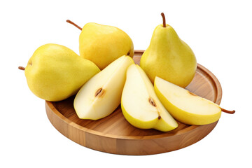 Fresh Ripe Yellow Pears on Wooden Plate on Transparent Background
