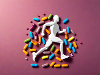 The concept of a sports food supplement with a runner figure made of various capsules and tablets. sports nutrition industry