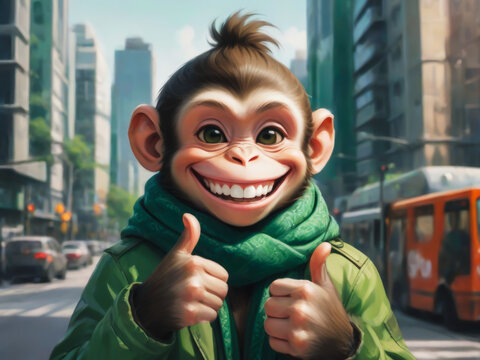 Cute fashion monkey smiles and shows a thumbs up to appreciate a good job or product. Wide banner with copy space. ok gesture, close-up Portrait in the city