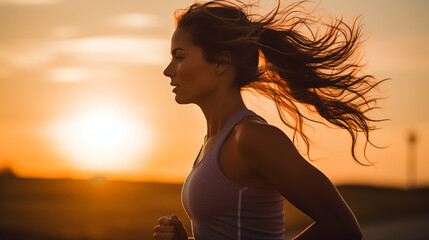 Jeune femme en tenue de sport faisant un jogging, avec un coucher de soleil en arrière-plan. Courir, sport, sportif, footing. Pour conception et création graphique - obrazy, fototapety, plakaty