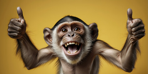 cheerful monkey smiles and shows a thumbs up to appreciate a good job or product. Wide banner with copy space. OK gesture, close-up Portrait on a yellow background