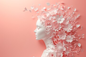 Pink Flower Head: A White Sculpture of a Woman's Head with Pink Flowers Generative AI