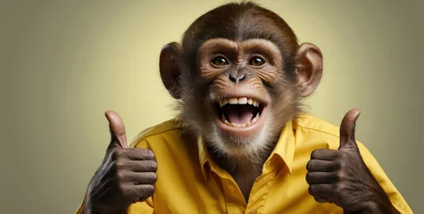 Foto auf Acrylglas cheerful monkey smiles and shows a thumbs up to appreciate a good job or product. Wide banner with copy space. OK gesture, close-up Portrait on a yellow background © Roman