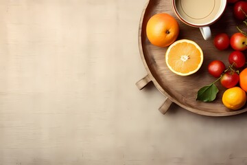 Obraz na płótnie Canvas A rustic wooden tray adorned with fresh fruits and a vintage teacup, offering a picturesque breakfast scene. Minimal background. Flat lay, top view, copy space.