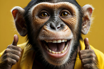 cheerful monkey smiles and shows a thumbs up to appreciate a good job or product. Wide banner with copy space. OK gesture, close-up Portrait on a yellow background