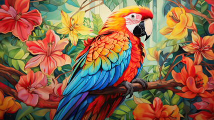Obraz premium Tropical Rainforest background, rainforest foliage and the striking colors of a parrot, for a visually engaging and captivating composition Ai Generative