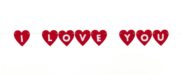Garland of red hearts isolated on a white background for Valentine's Day. I love you.
