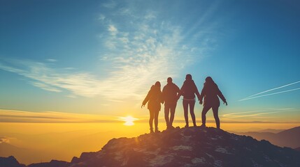 Helping friends reach the mountain top,Hot season hiking trekking group of people.