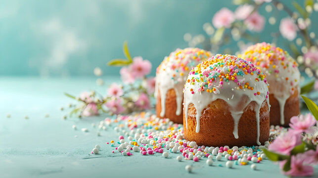 Close up of Easter cake  on blue background.