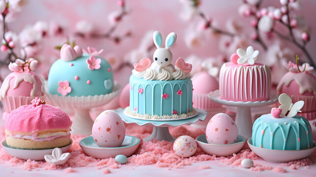 Composition in soft pastel blue colors with Easter sweets