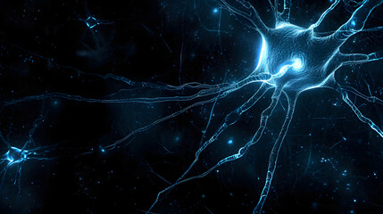 Artistic dark blue colored neuron cell in the brain on black illustration background.