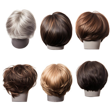 Set of fashionable wigs, hairstyles on transparent background PNG