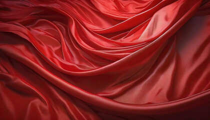 Obraz premium Flowing Elegant: Red Silk and Satin Fabric with Smooth Texture, Luxury Wave Pattern, and Shiny, Rippled Red Velvet Background for Fashion and Decoration, Perfect for Valentine's Day