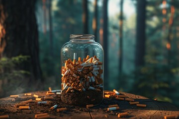 A jar filled with cigarette butts in a forest setting Generative AI
