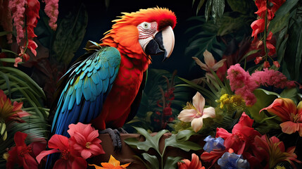 Fototapeta premium Tropical Rainforest with Parrot, featuring close-up shots of the vibrant parrot against the lush greenery, creating a visually intriguing and exotic display Ai Generative