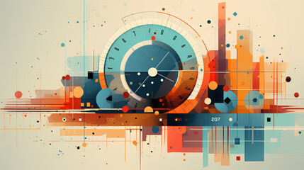 Fototapeta premium Contemporary Business Realities: Abstract Colorful Illustration with Graphic Objects and Geometric Figures Symbolizing Modern Concepts of Business, Time, and Money