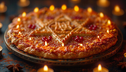 Jewish holiday Hanukkah concept. Pastry with symbol of star of David and candles on the table