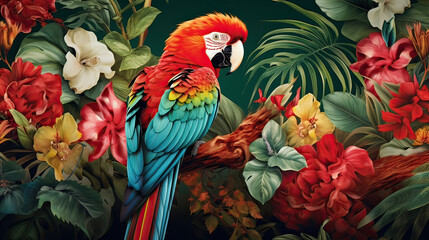 Tropical Rainforest with Parrot, featuring close-up shots of the vibrant parrot against the lush greenery, creating a visually intriguing and exotic display Ai Generative