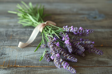 Obraz na płótnie Canvas A charming arrangement of lavender stems tied together with a ribbon