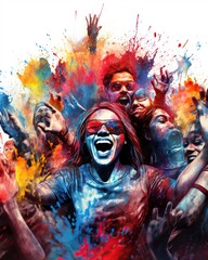 Happy people crowd partying under colorful powder cloud at Holi fest festival of colors. - obrazy, fototapety, plakaty
