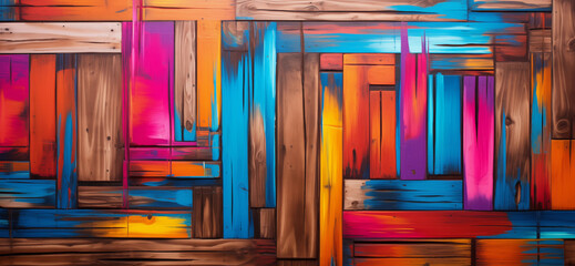 painted perpendicular wooden boards arranged in an artistic, random way with vivid colors in ultrawide background - obrazy, fototapety, plakaty