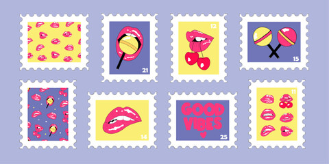 Postcard collection with lips. Colorful templates with funny characters, candies and lips. Modern illustration for poster, postcard or background. Pop art lips vector illustration