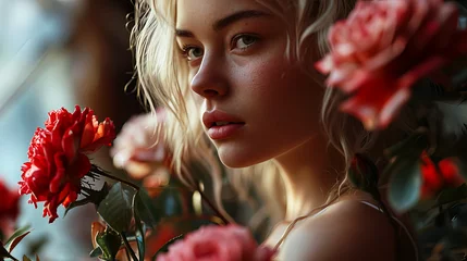 Fotobehang Woman with pink roses, Beautiful young woman with red lips holding a red rose on red background, Romantic roses for lady, copy space © Anastasiia