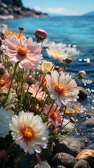Colorful daisies by the sea on a sunny day.