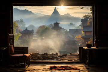 Serene Sunrise Over Mystical Village,  breathtaking view from a window of a mystical village bathed in the golden light of sunrise, with traditional architecture and mountain silhouettes in the backgr