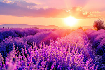Naklejka premium A mesmerizing view of a lavender field during the golden hour of sunset